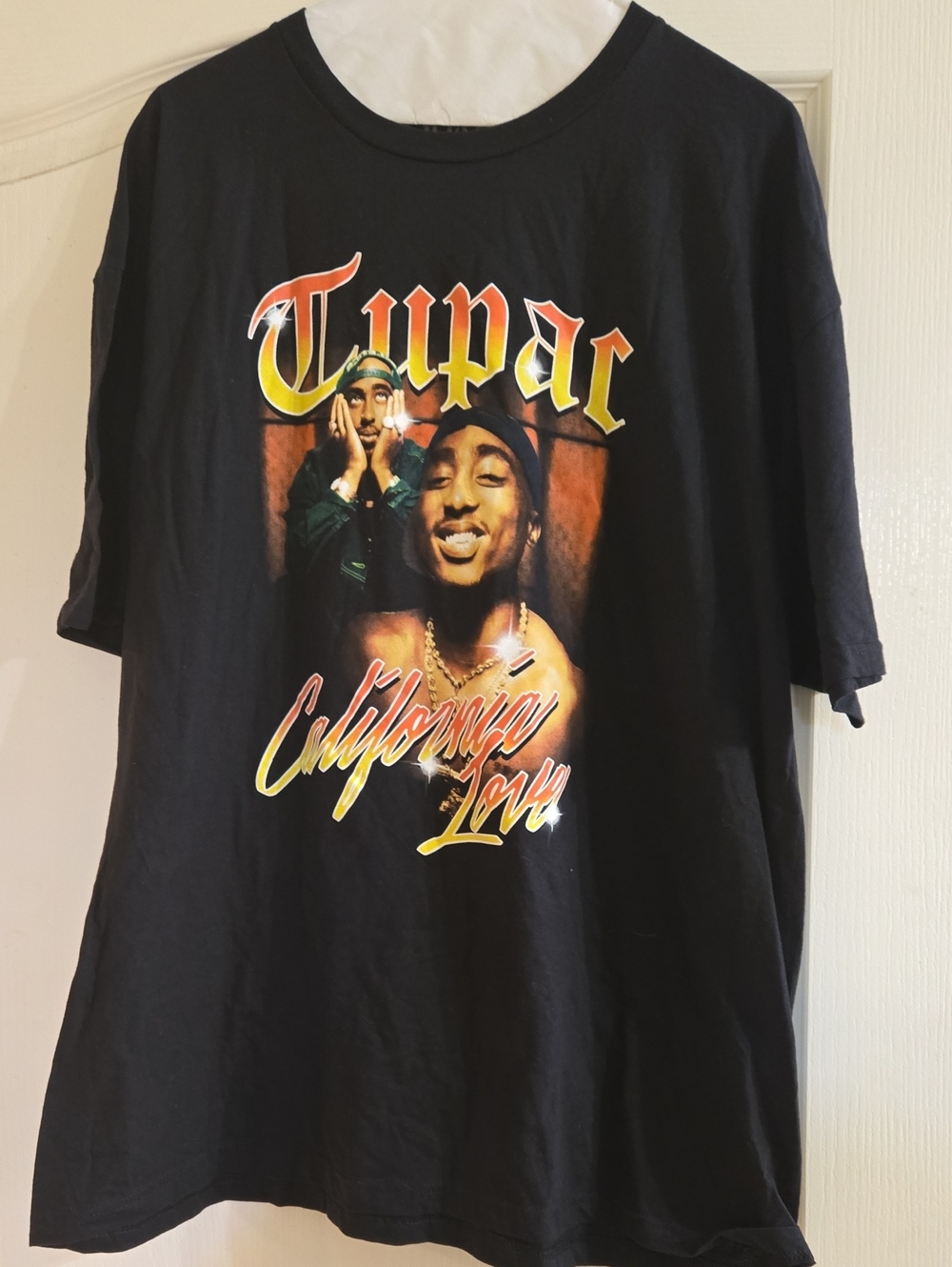 Tupac California Love Black Graphic T-Shirt with Yellow & Orange Script